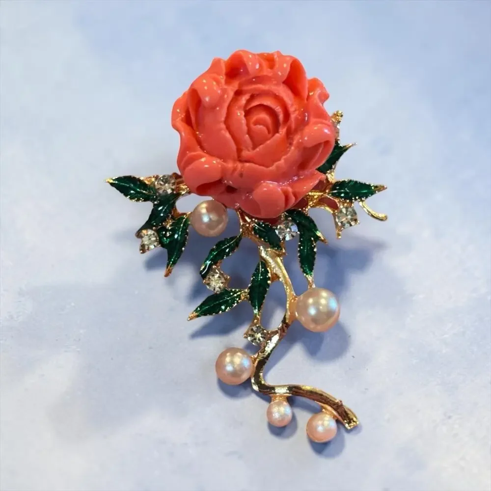 Coral Rose Brooch Pearl Rhinestone Cascade Enamel Leaves Vintage Glam